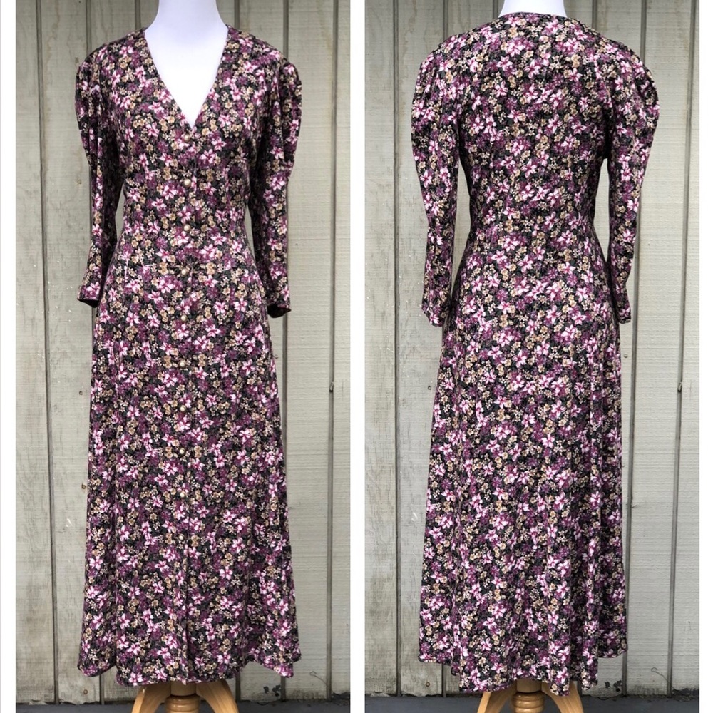 Vintage 80s Renaissance Prairie Floral Puff Sleeves Button Purple Maxi Dress M